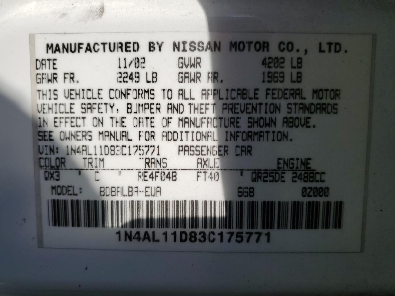 1N4AL11D83C175771 2003 Nissan Altima Base