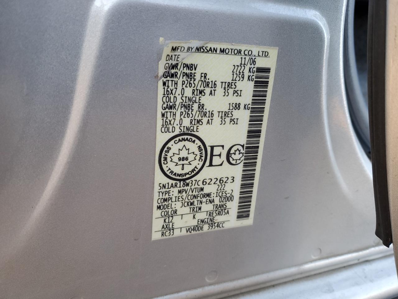 2007 Nissan Pathfinder Le VIN: 5N1AR18W37C622623 Lot: 77587054