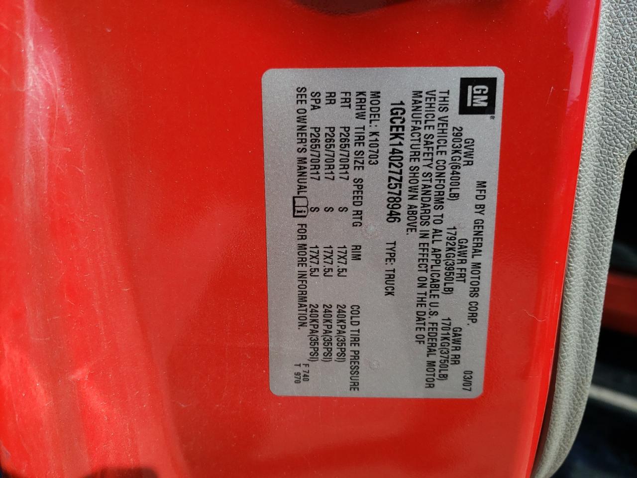 2007 Chevrolet Silverado K1500 VIN: 1GCEK14027Z578946 Lot: 75999084