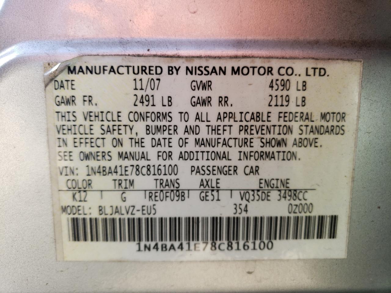 1N4BA41E78C816100 2008 Nissan Maxima Se