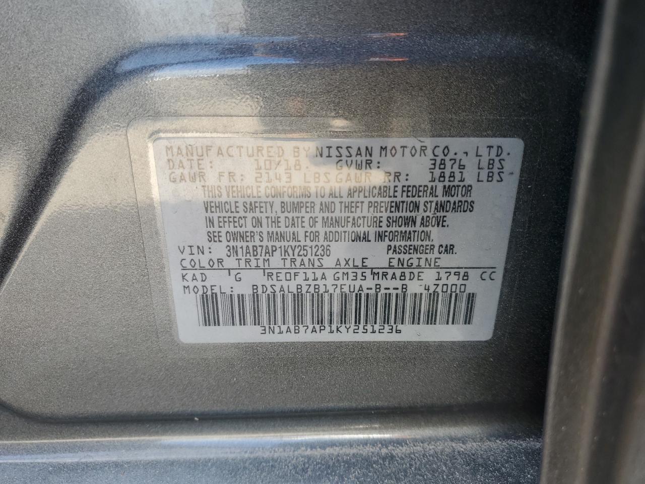 3N1AB7AP1KY251236 2019 Nissan Sentra S