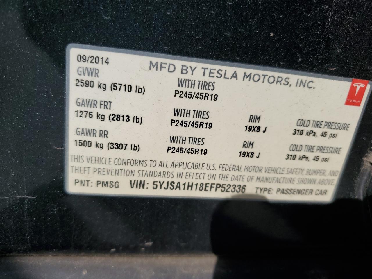 2014 Tesla Model S VIN: 5YJSA1H18EFP52336 Lot: 75031744