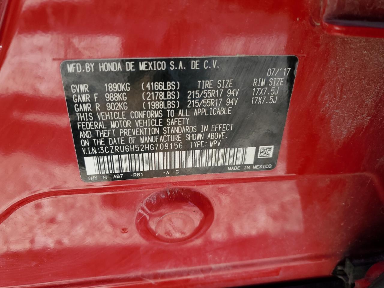 3CZRU6H52HG709156 2017 Honda Hr-V Ex