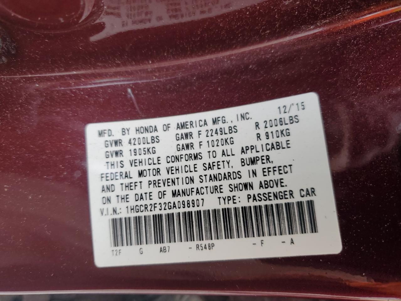 1HGCR2F32GA098907 2016 Honda Accord Lx