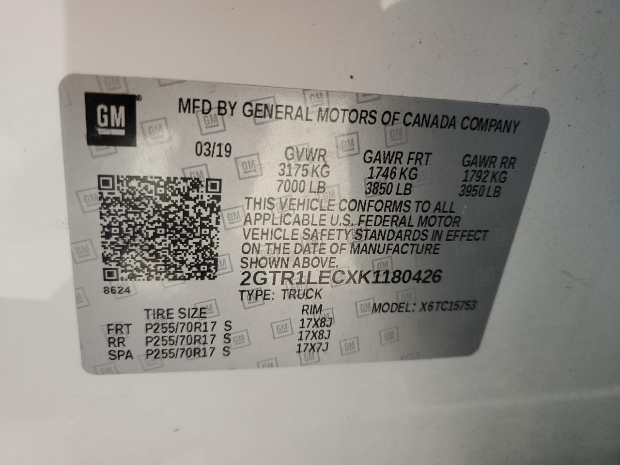 2GTR1LECXK1180426 2019 GMC Sierra Limited C1500