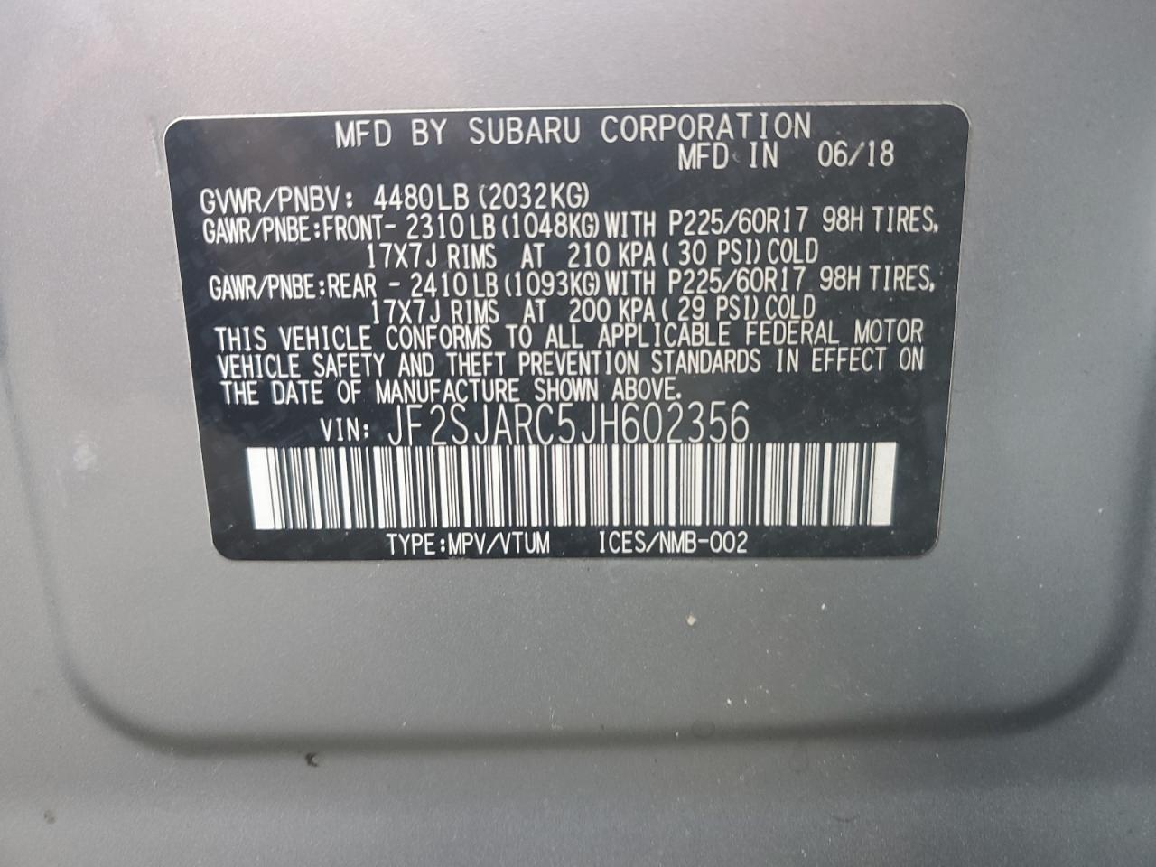 JF2SJARC5JH602356 2018 Subaru Forester 2.5I Limited