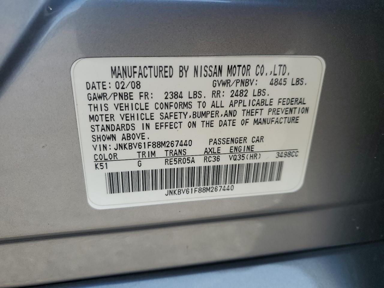 2008 Infiniti G35 VIN: JNKBV61F88M267440 Lot: 78637744