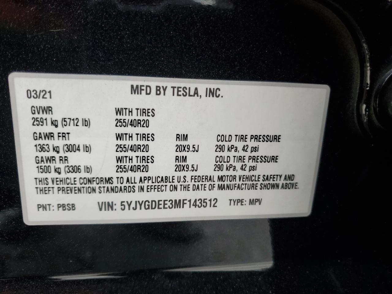 2021 Tesla Model Y VIN: 5YJYGDEE3MF143512 Lot: 78228754