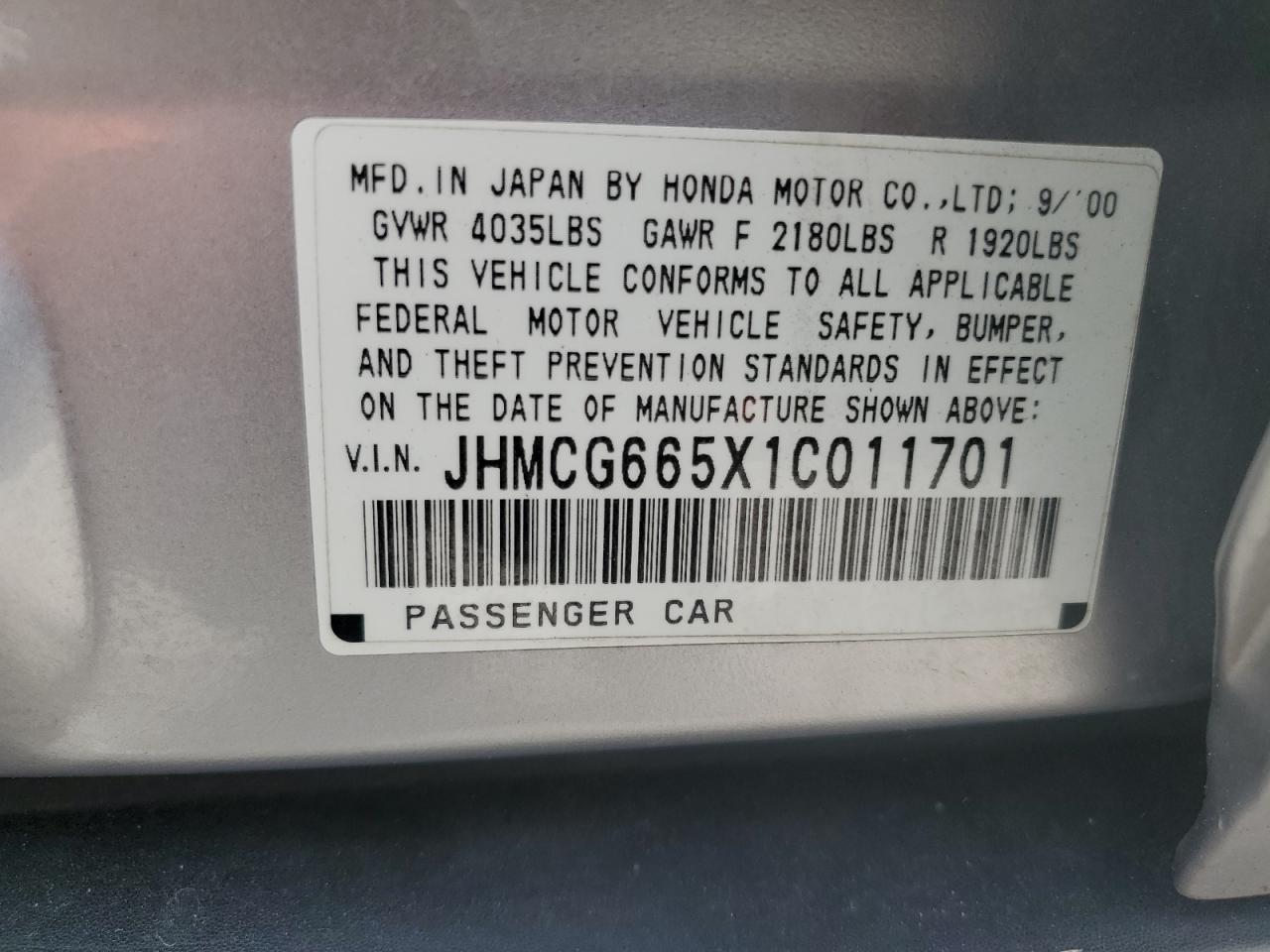 2001 Honda Accord Lx VIN: JHMCG665X1C011701 Lot: 78215954