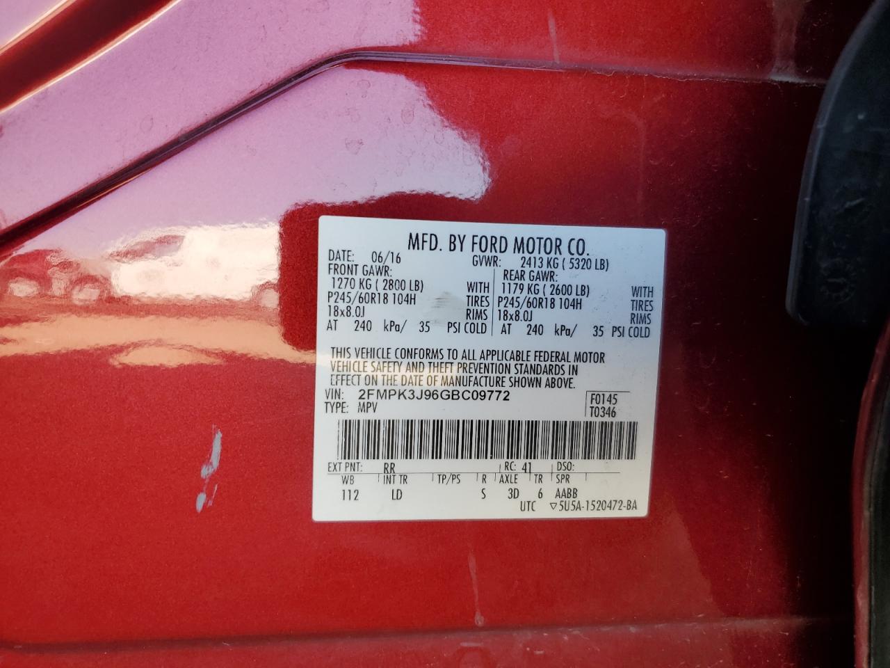 2016 Ford Edge Sel VIN: 2FMPK3J96GBC09772 Lot: 75534334