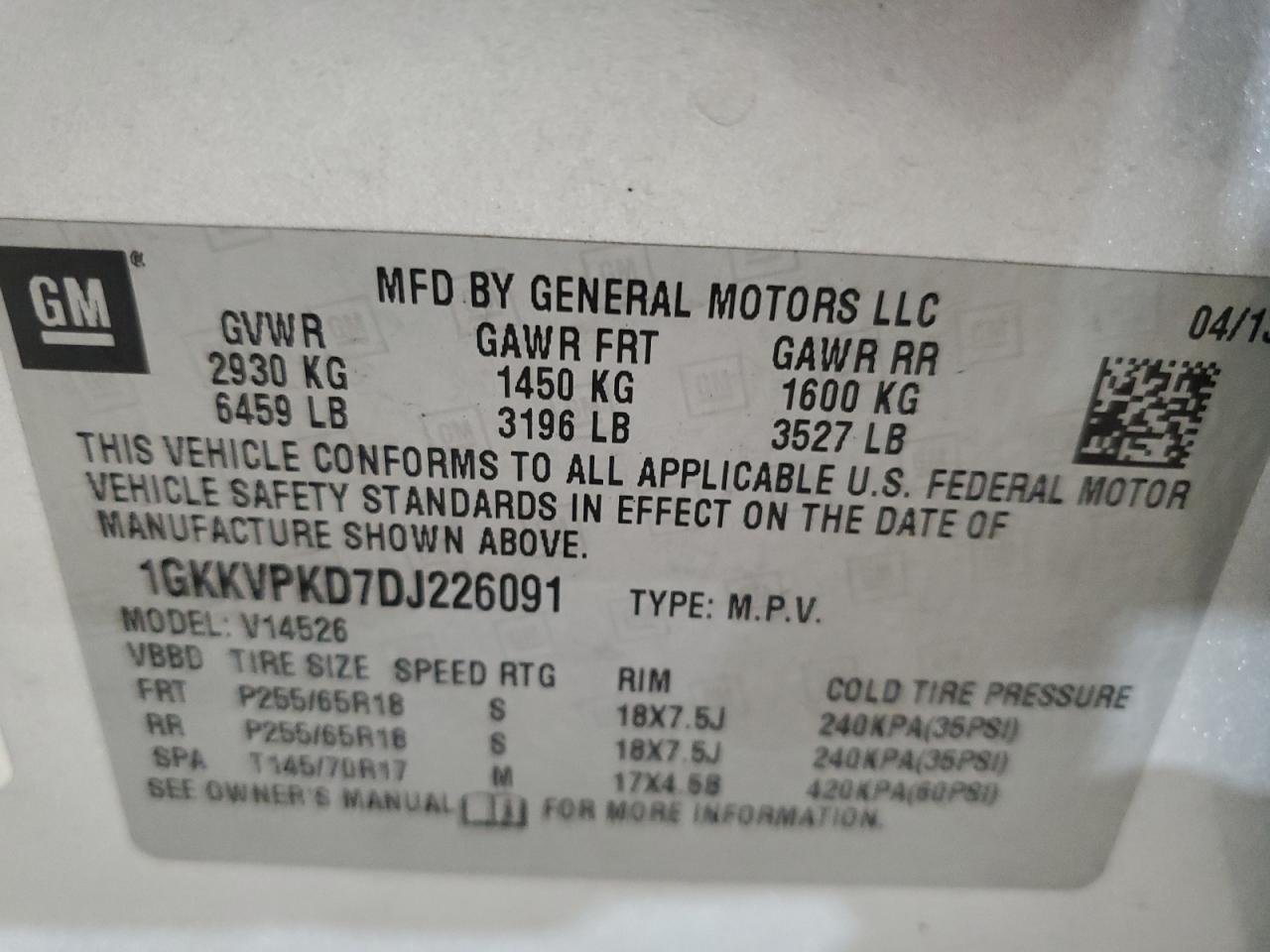 1GKKVPKD7DJ226091 2013 GMC Acadia Sle