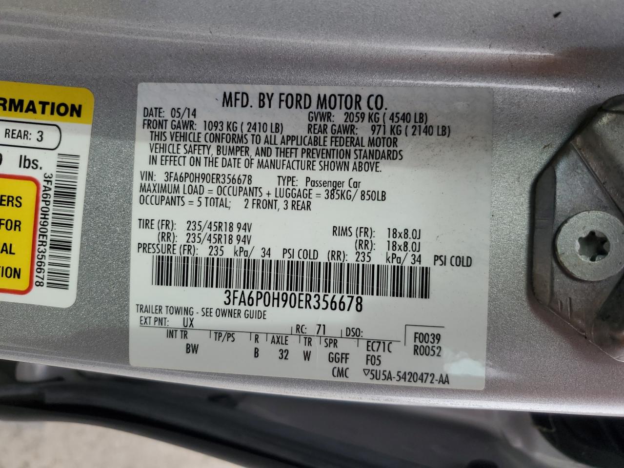 3FA6P0H90ER356678 2014 Ford Fusion Se