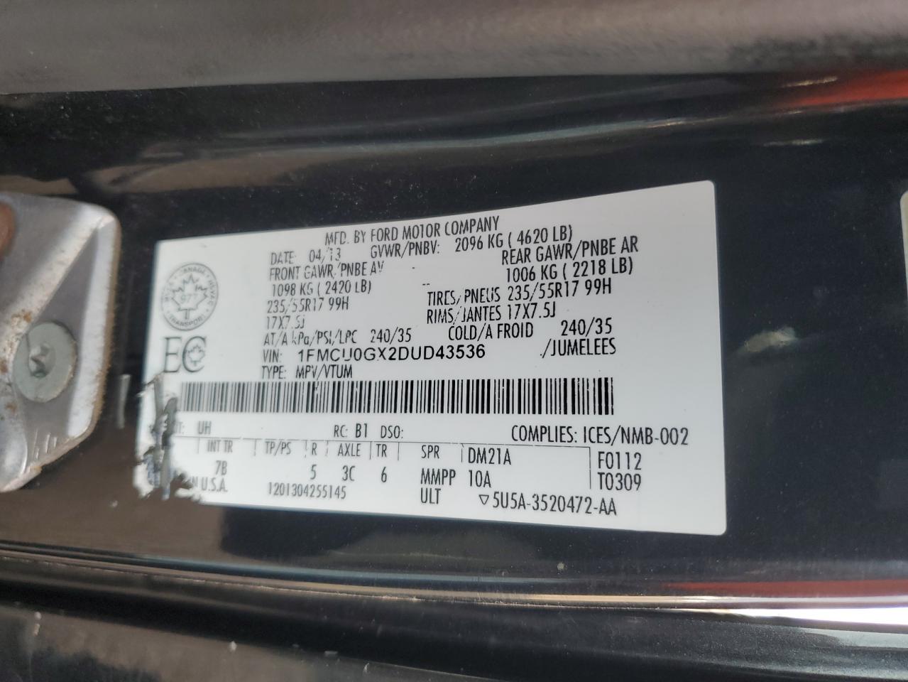 1FMCU0GX2DUD43536 2013 Ford Escape Se