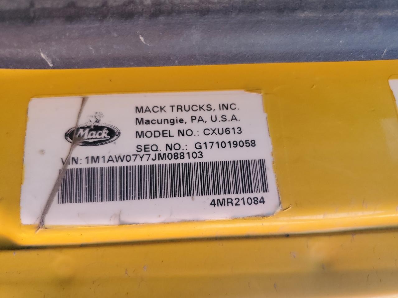 2018 Mack 600 Cxu600 VIN: 1M1AW07Y7JM088103 Lot: 76915774