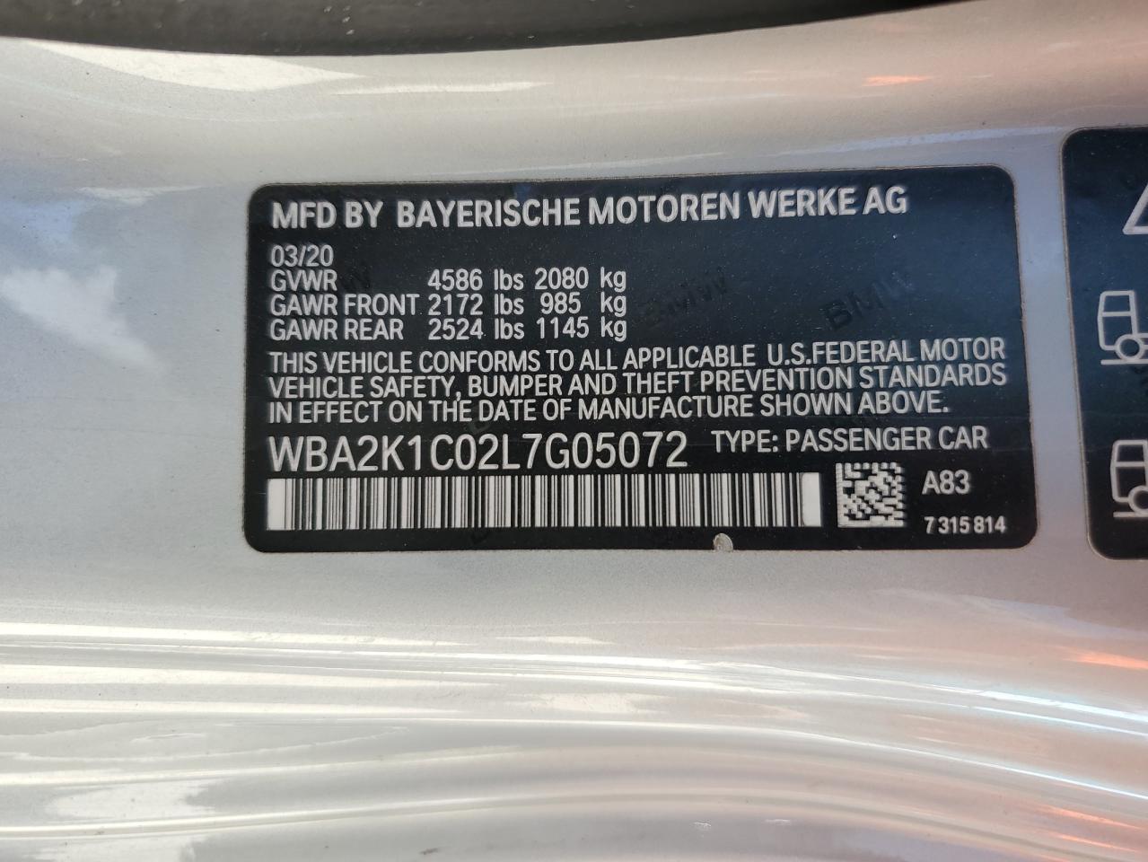 2020 BMW 230Xi VIN: WBA2K1C02L7G05072 Lot: 74792964