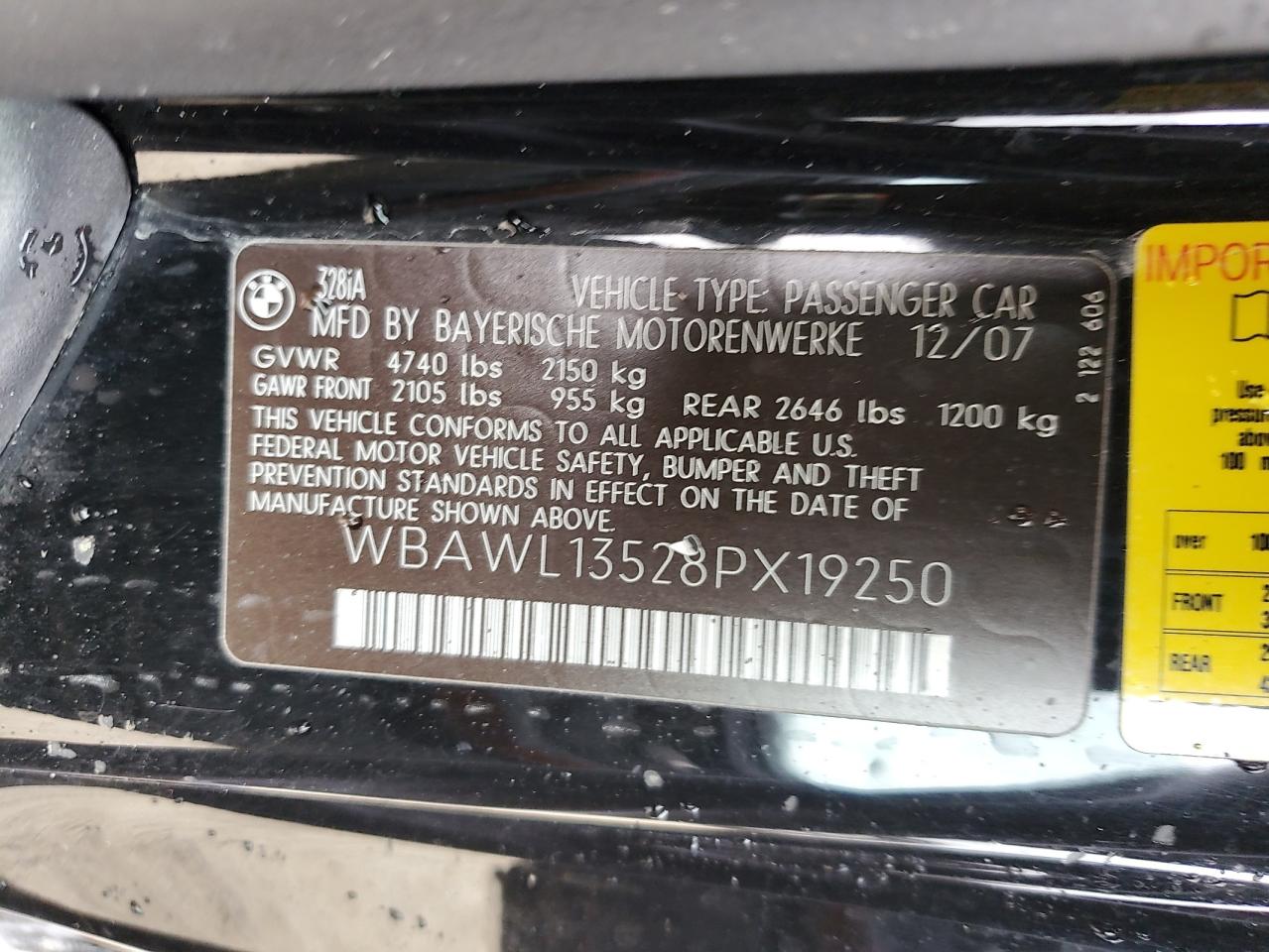 2008 BMW 328 I VIN: WBAWL13528PX19250 Lot: 74133024