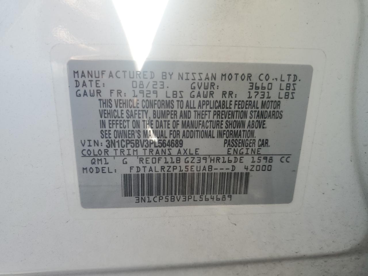 3N1CP5BV3PL564689 2023 Nissan Kicks S