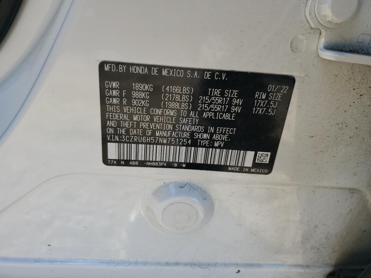 3CZRU6H57NM751254 2022 Honda Hr-V Ex