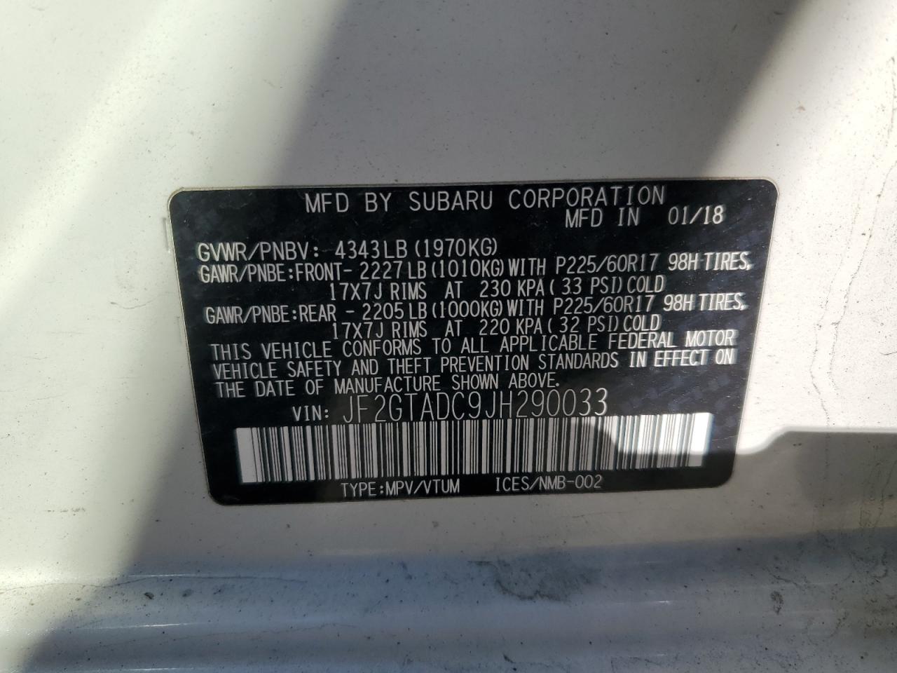 JF2GTADC9JH290033 2018 Subaru Crosstrek Premium