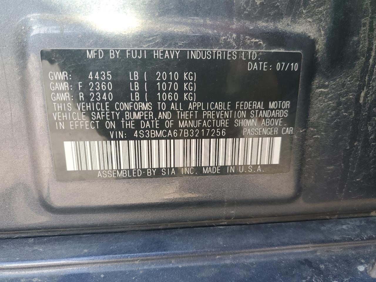 4S3BMCA67B3217256 2011 Subaru Legacy 2.5I