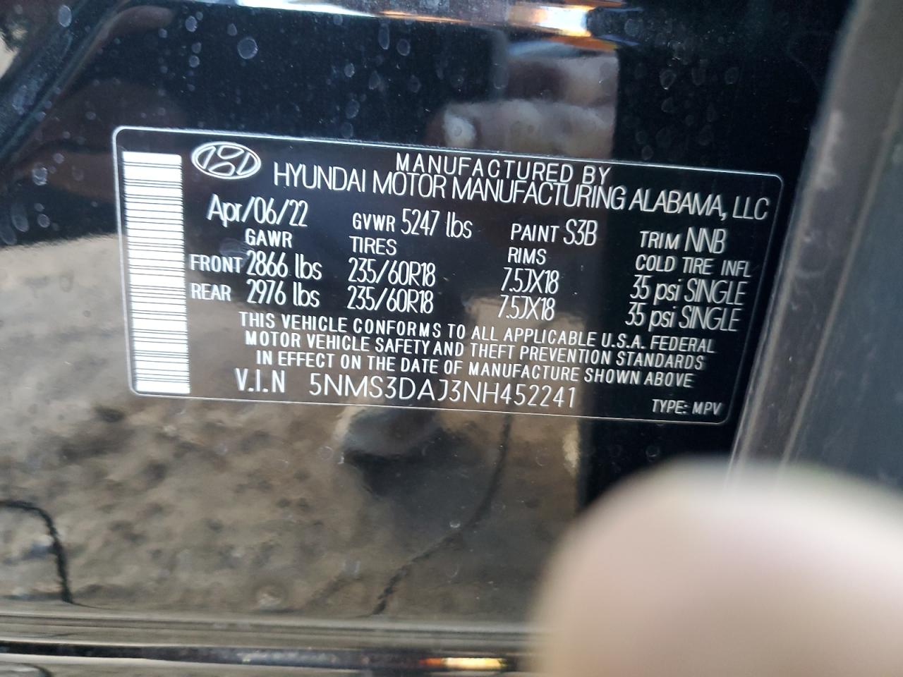 2022 Hyundai Santa Fe Sel VIN: 5NMS3DAJ3NH452241 Lot: 74732564