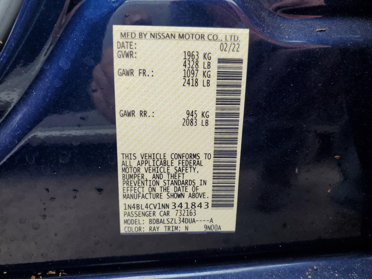 1N4BL4CV1NN341843 2022 Nissan Altima Sr