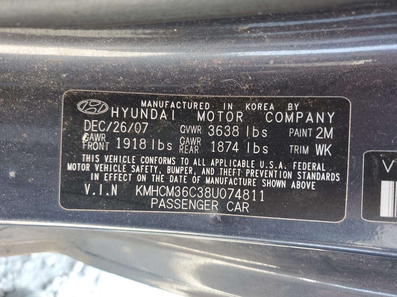 KMHCM36C38U074811 2008 Hyundai Accent Gs