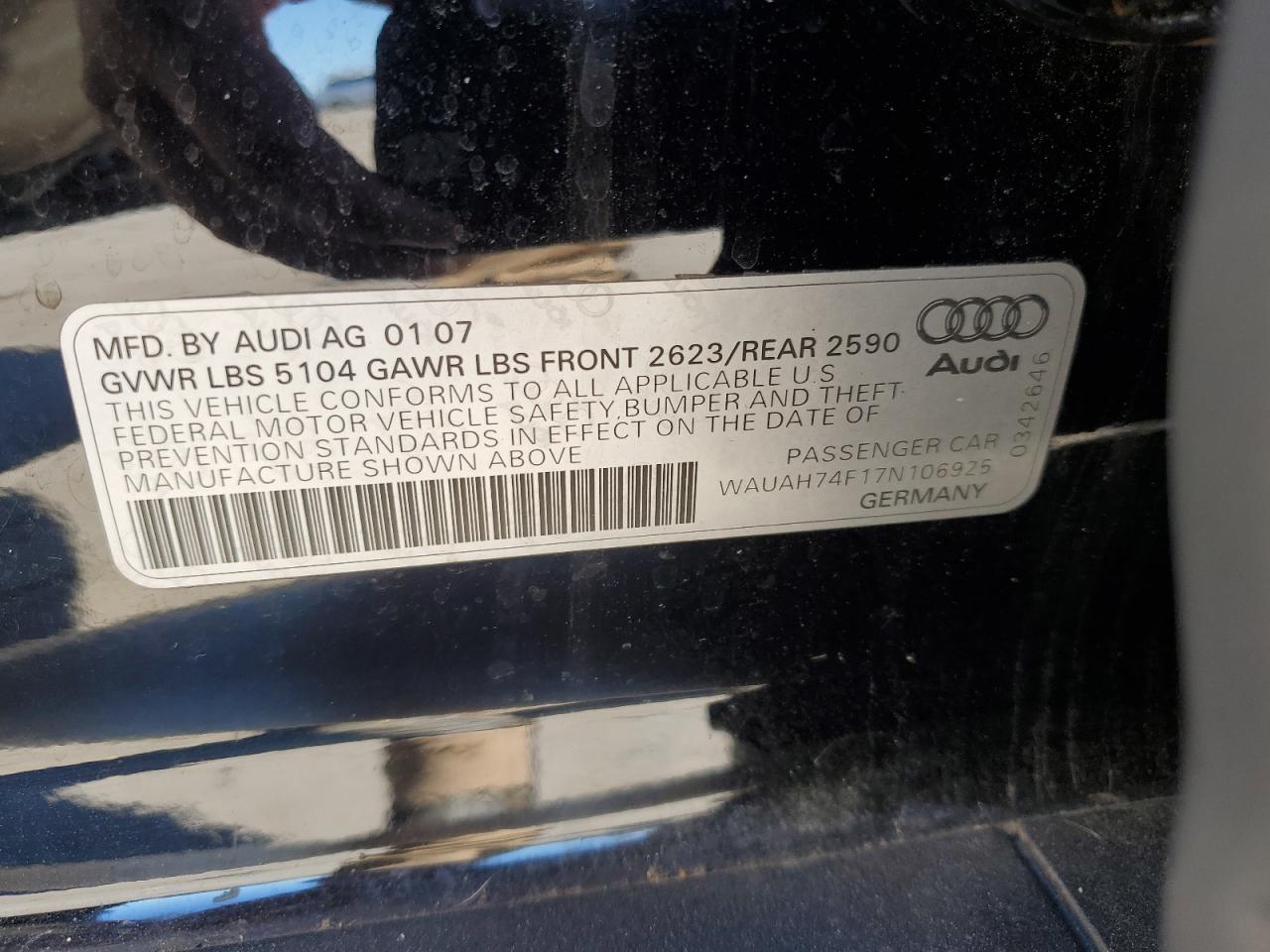 2007 Audi A6 3.2 VIN: WAUAH74F17N106925 Lot: 75676284