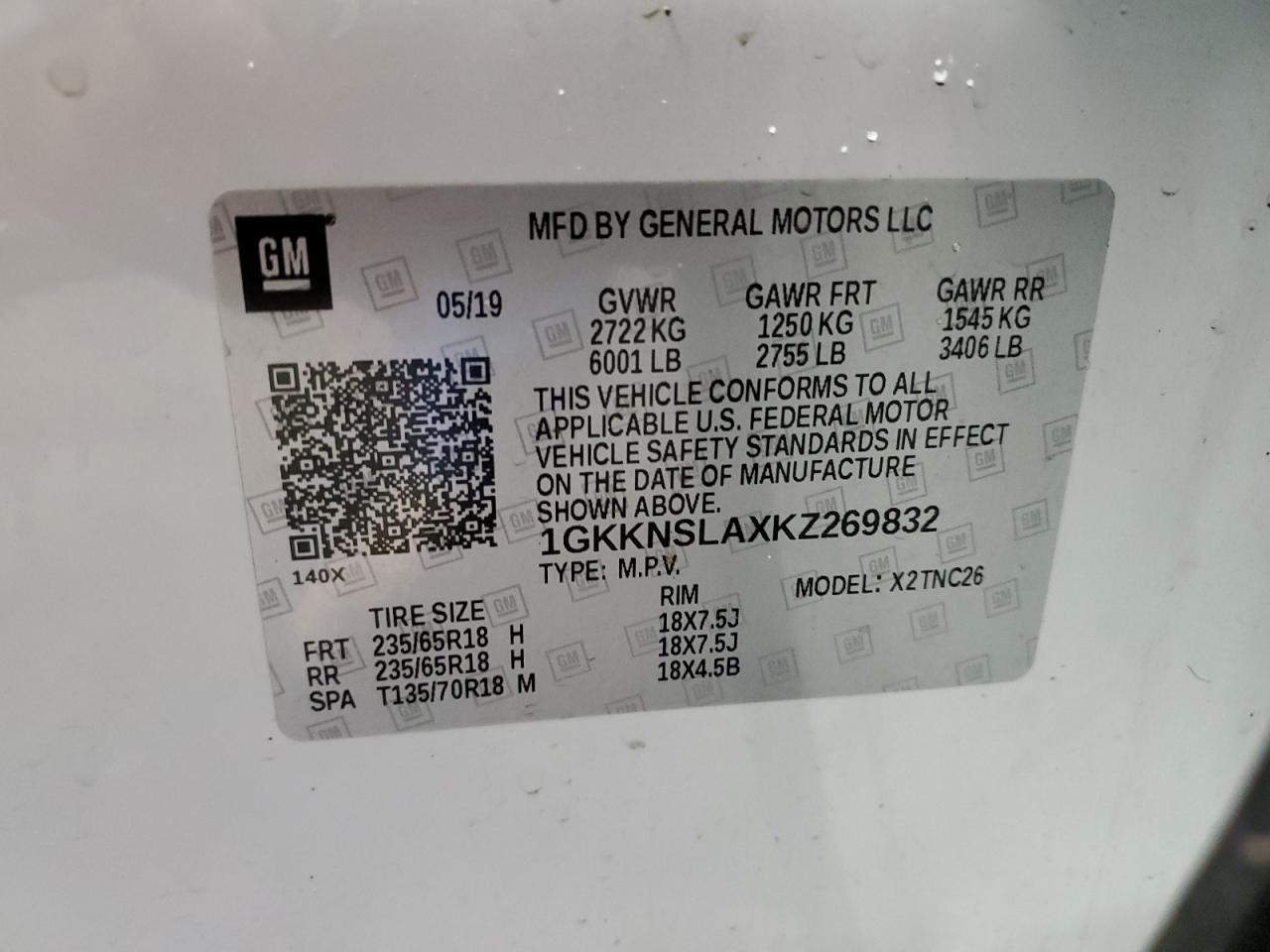 1GKKNSLAXKZ269832 2019 GMC Acadia Sle