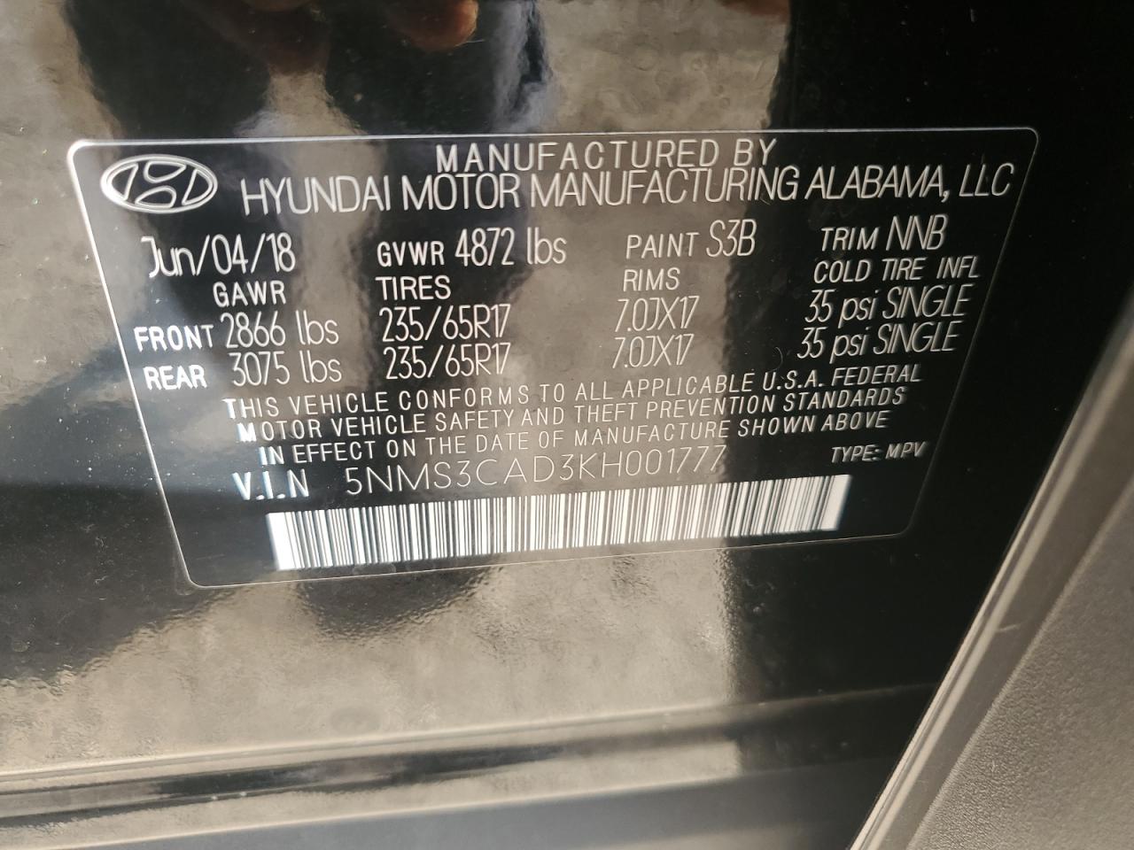 5NMS3CAD3KH001777 2019 Hyundai Santa Fe Sel