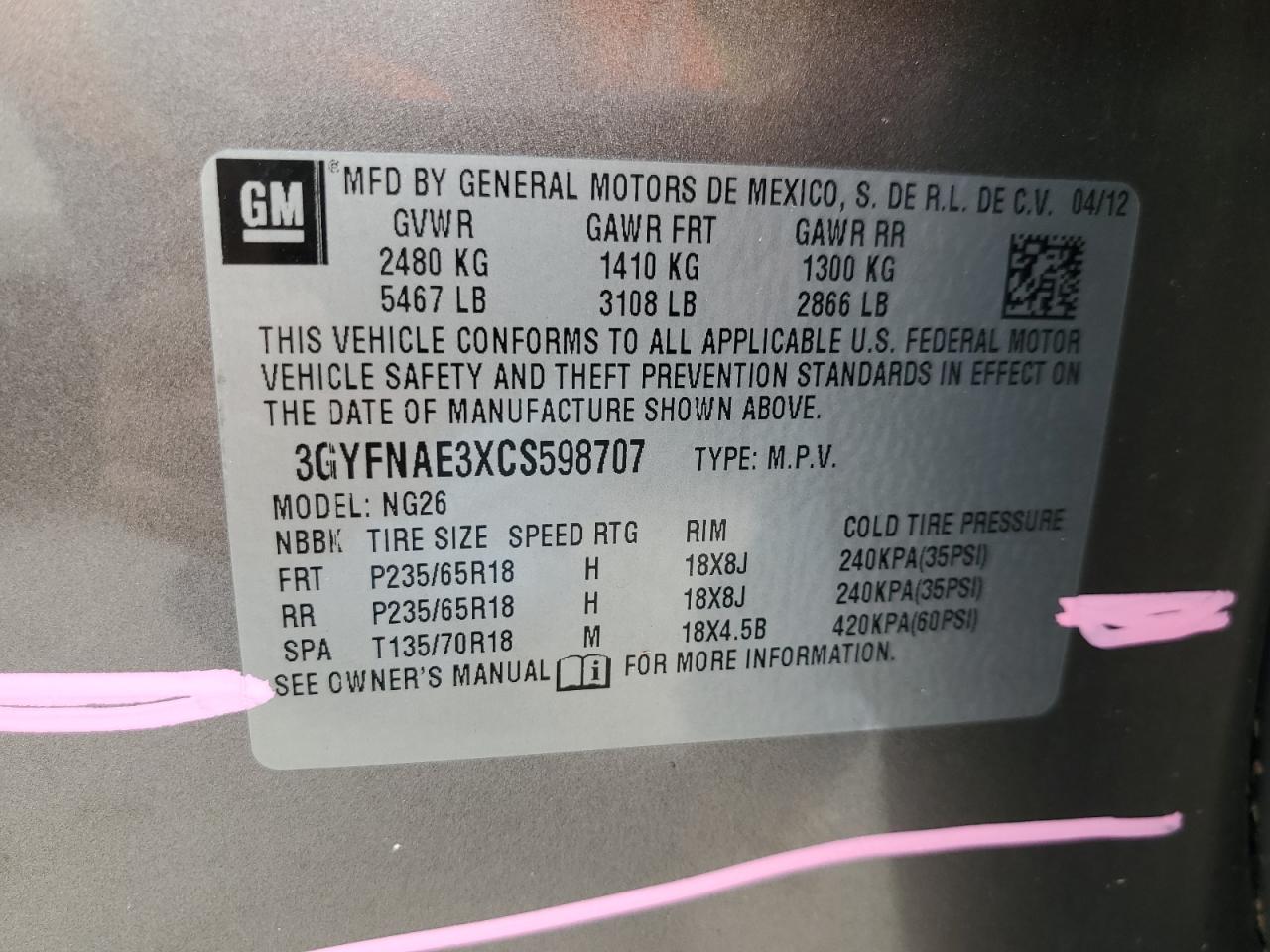 3GYFNAE3XCS598707 2012 Cadillac Srx Luxury Collection