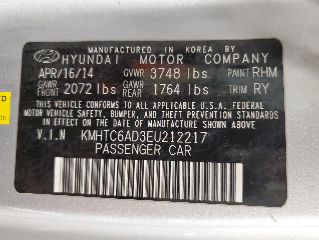 2014 Hyundai Veloster VIN: KMHTC6AD3EU212217 Lot: 76396874