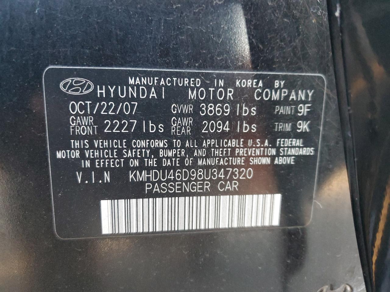 2008 Hyundai Elantra Gls VIN: KMHDU46D98U347320 Lot: 77613404