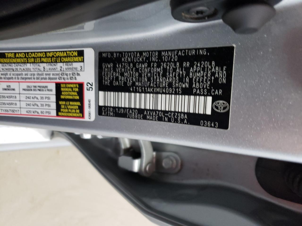 4T1G11AKXMU409215 2021 Toyota Camry Se