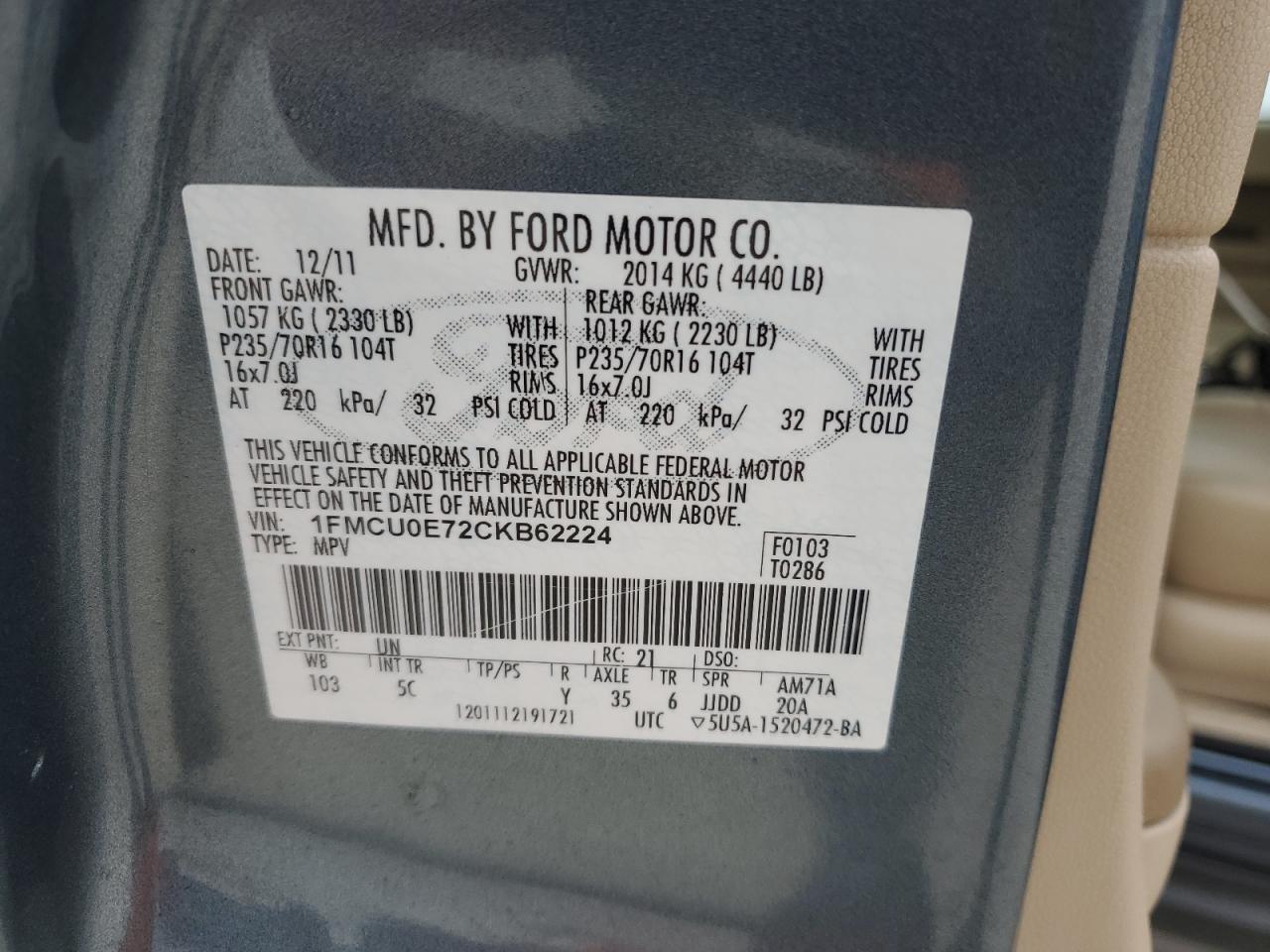 2012 Ford Escape Limited VIN: 1FMCU0E72CKB62224 Lot: 77240214