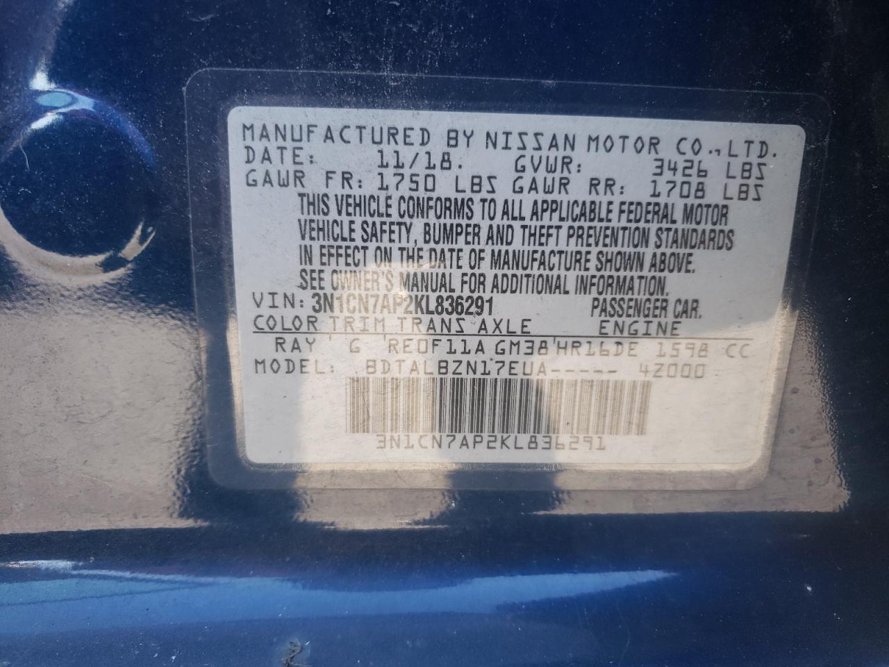 3N1CN7AP2KL836291 2019 Nissan Versa S