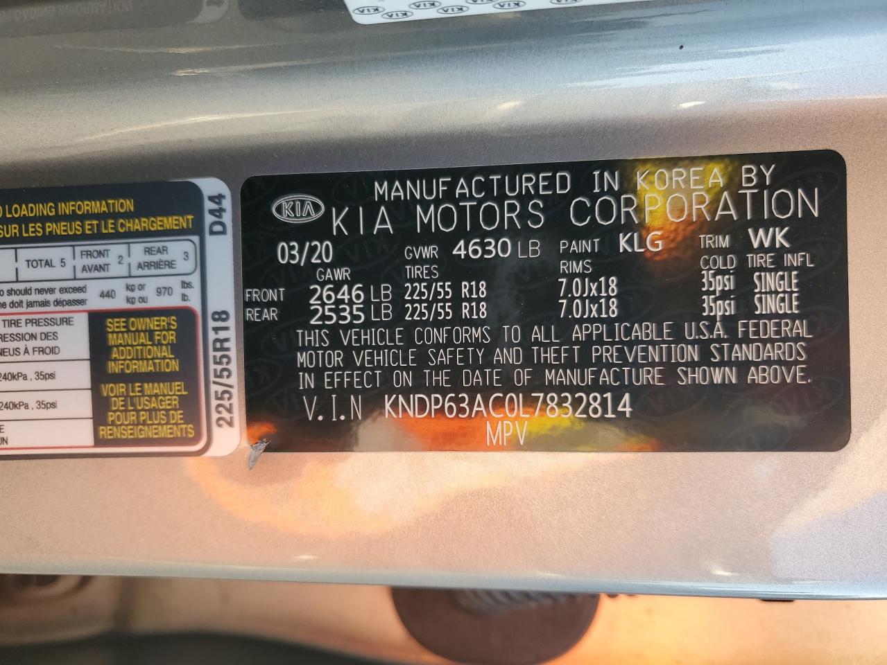 KNDP63AC0L7832814 2020 Kia Sportage S