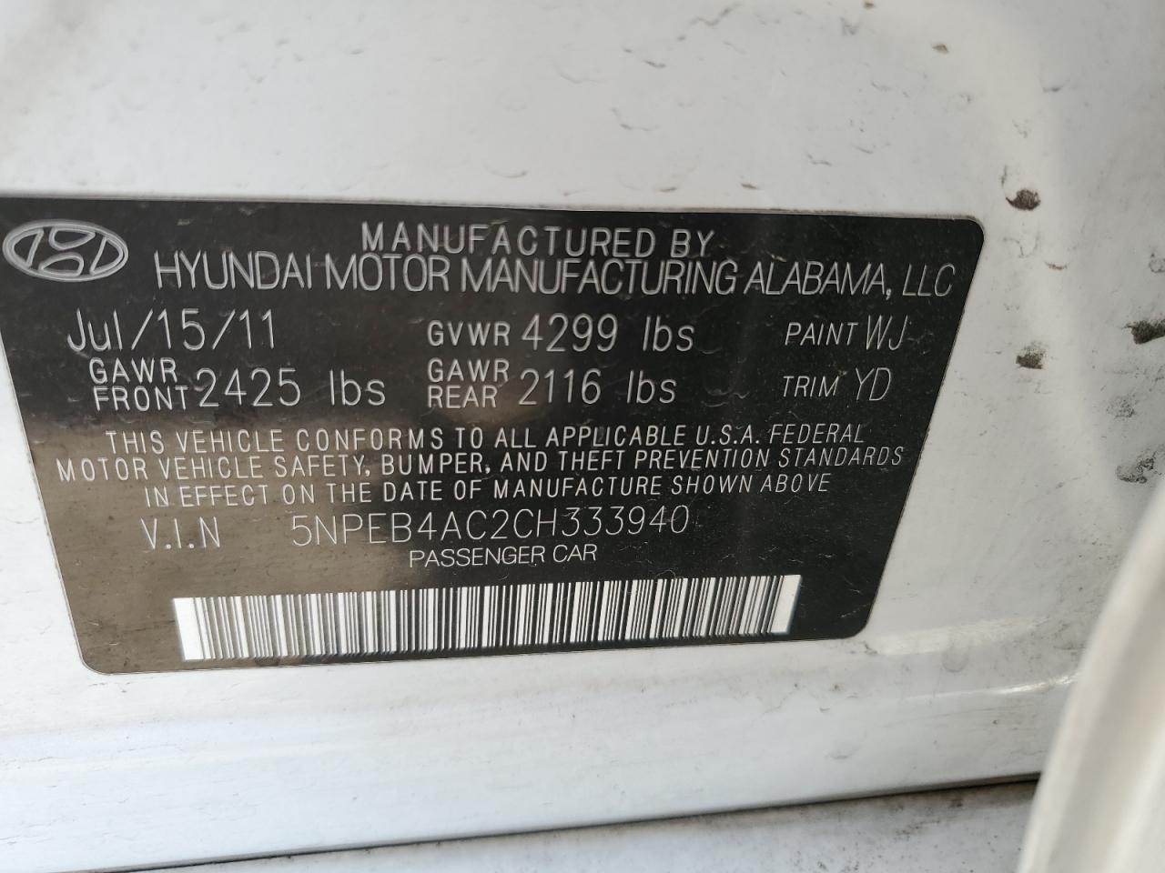 2012 Hyundai Sonata Gls VIN: 5NPEB4AC2CH333940 Lot: 76752604