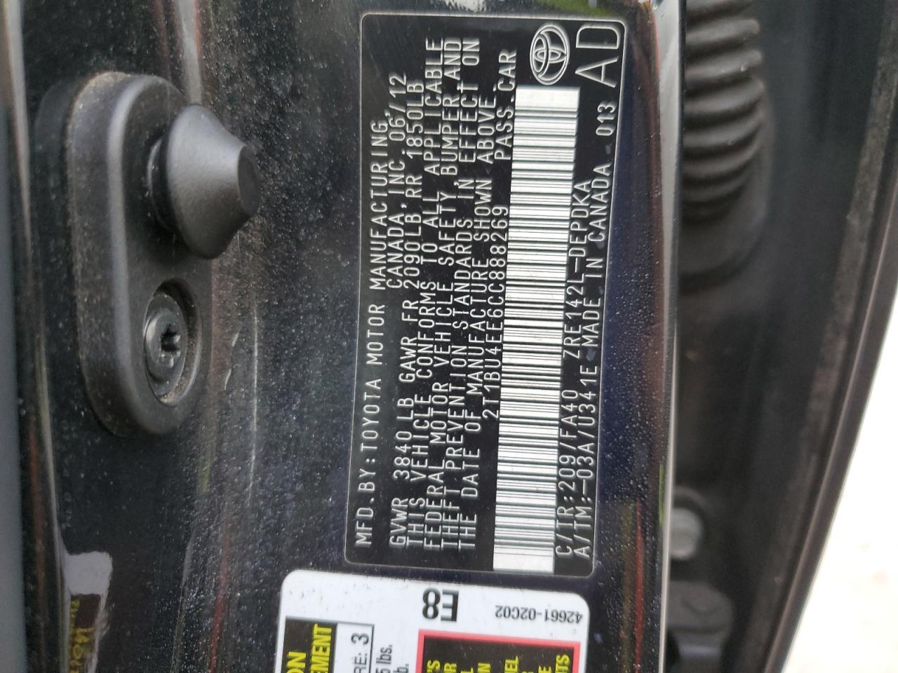 2T1BU4EE6CC888269 2012 Toyota Corolla Base