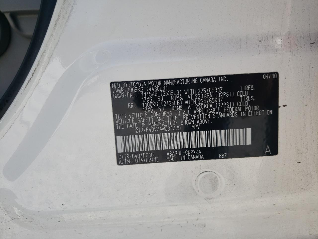 2010 Toyota Rav4 VIN: 2T3ZF4DV7AW031729 Lot: 71665494