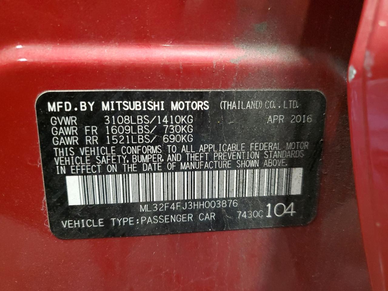 ML32F4FJ3HH003876 2017 Mitsubishi Mirage G4 Se