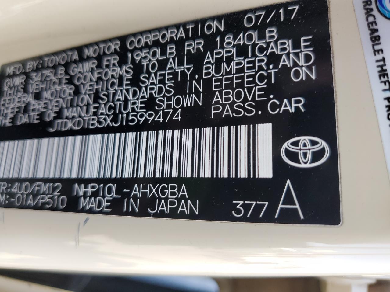 2018 Toyota Prius C VIN: JTDKDTB3XJ1599474 Lot: 73589504