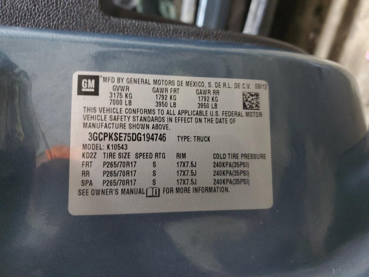 2013 Chevrolet Silverado K1500 Lt VIN: 3GCPKSE75DG194746 Lot: 75673574
