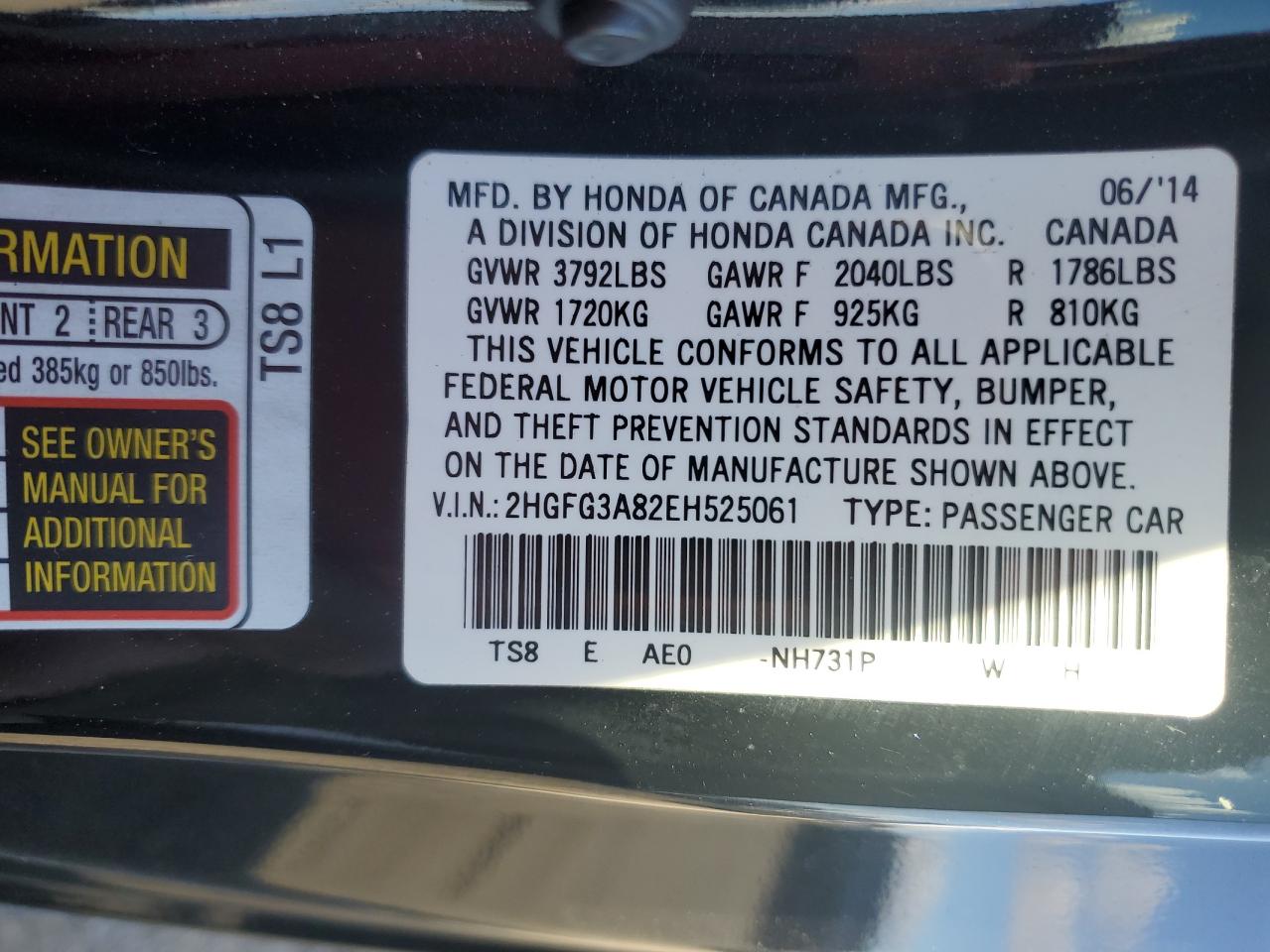 2HGFG3A82EH525061 2014 Honda Civic Ex