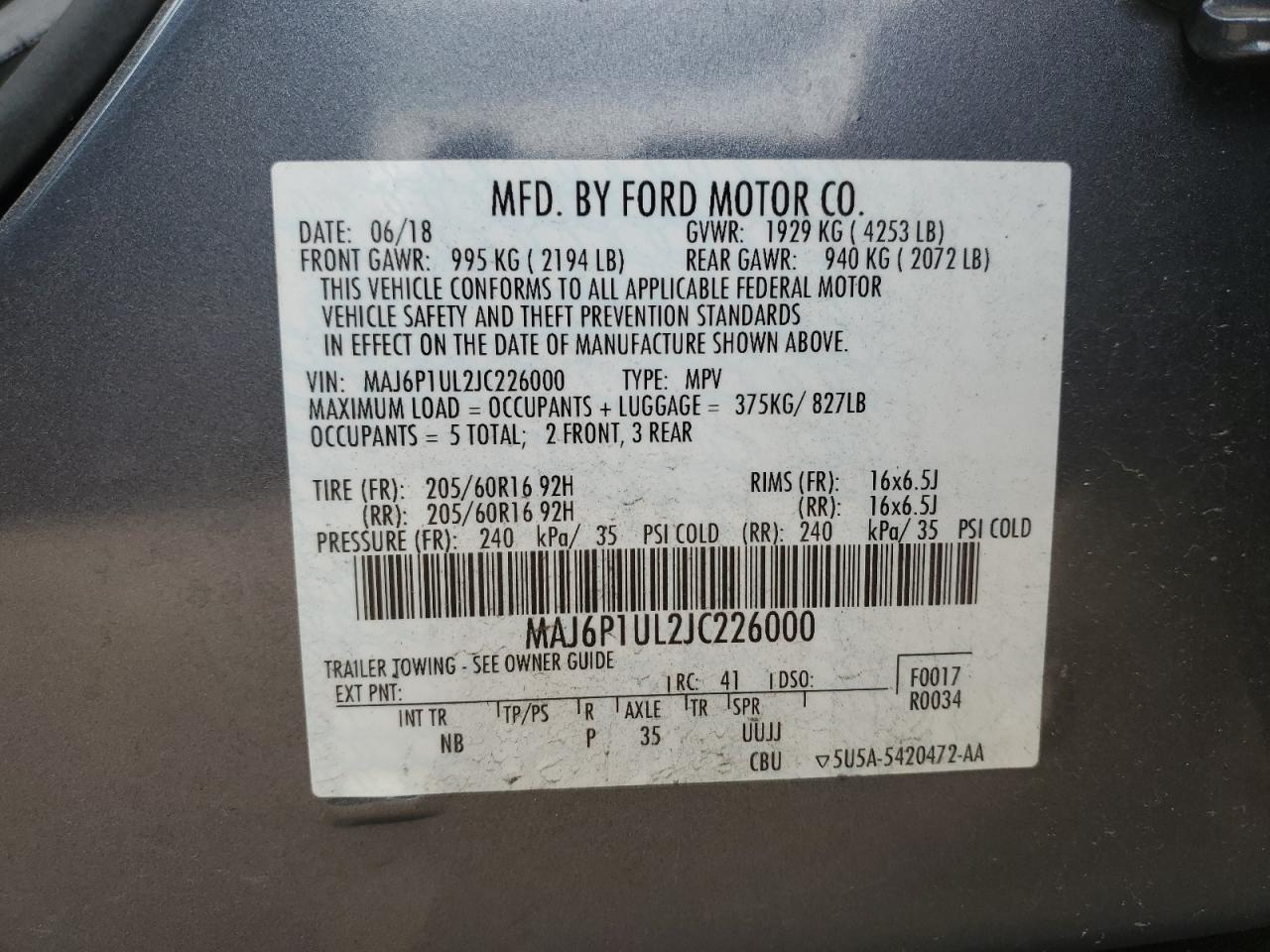 MAJ6P1UL2JC226000 2018 Ford Ecosport Se