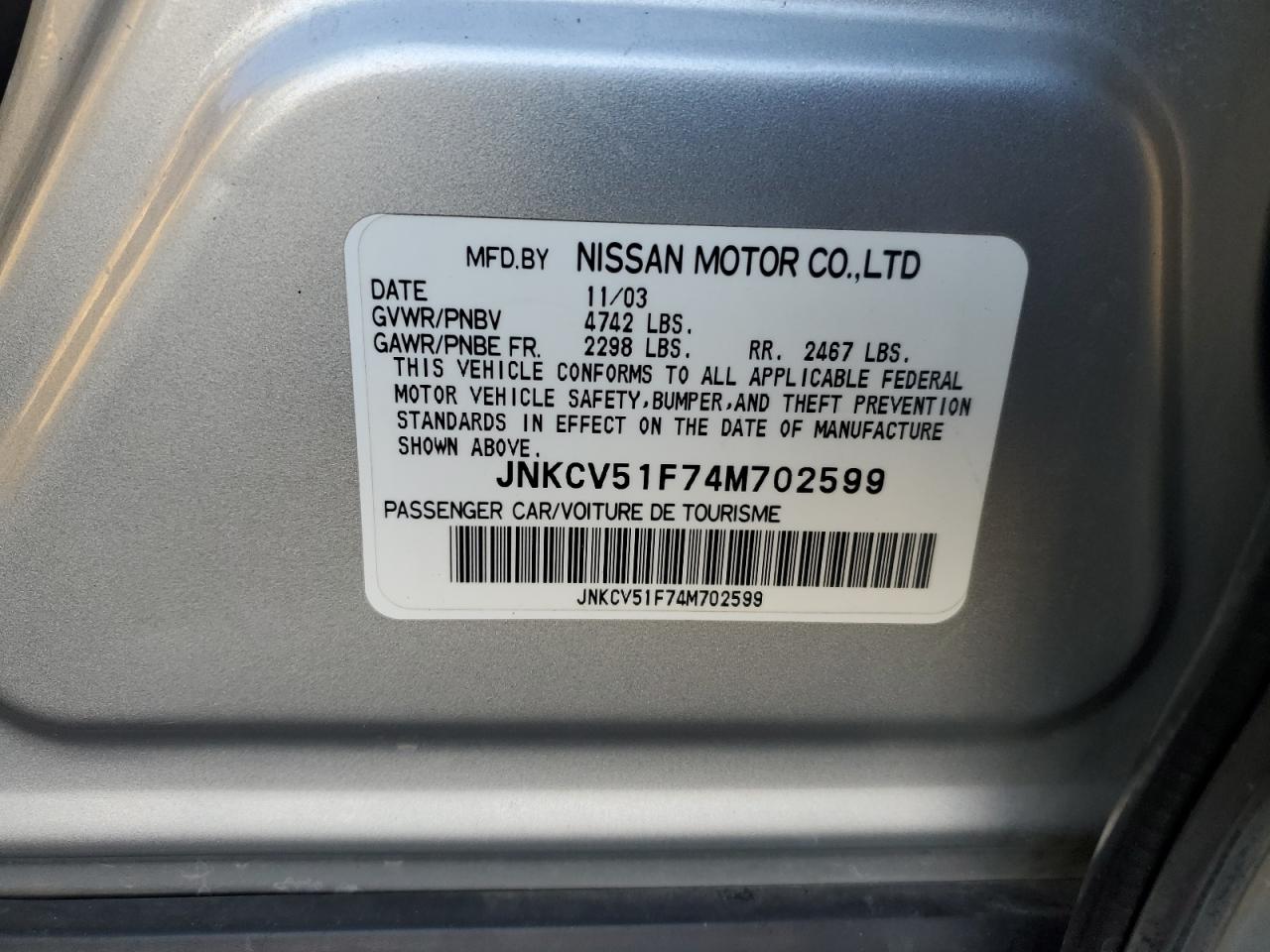 JNKCV51F74M702599 2004 Infiniti G35