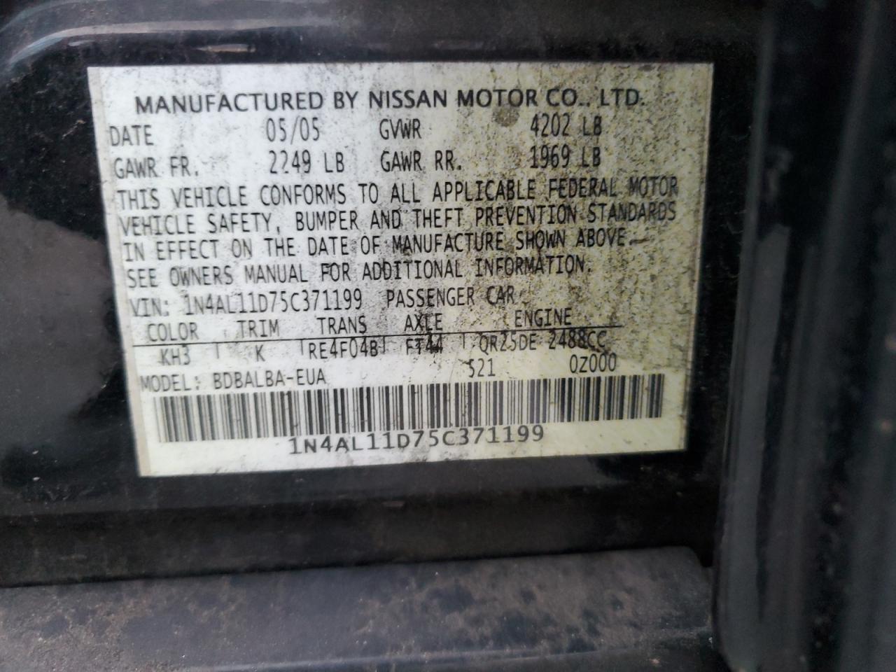 2005 Nissan Altima S VIN: 1N4AL11D75C371199 Lot: 74715834