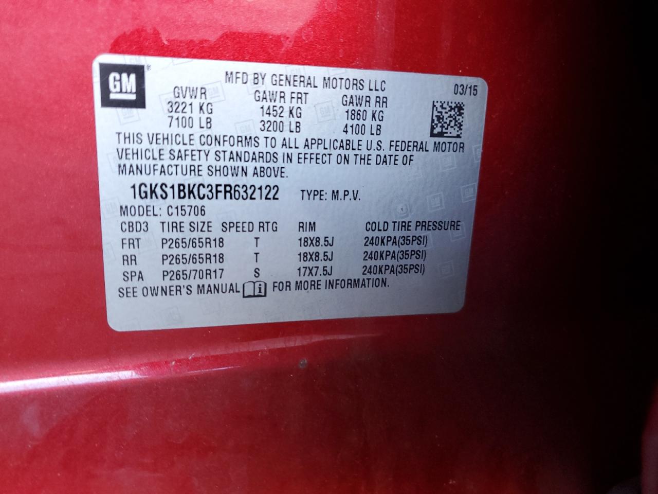 1GKS1BKC3FR632122 2015 GMC Yukon Slt