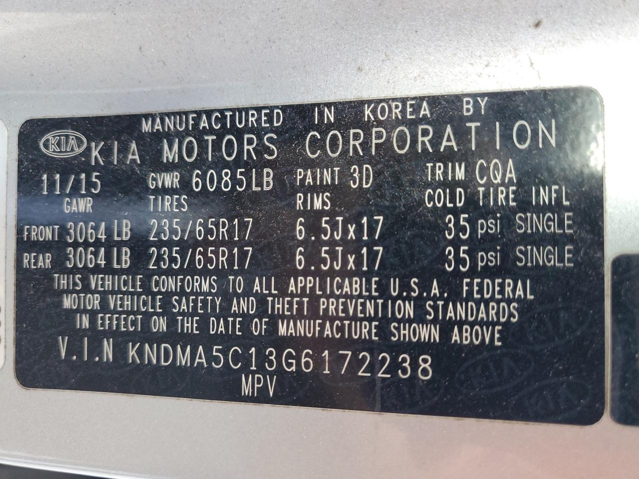 KNDMA5C13G6172238 2016 Kia Sedona L