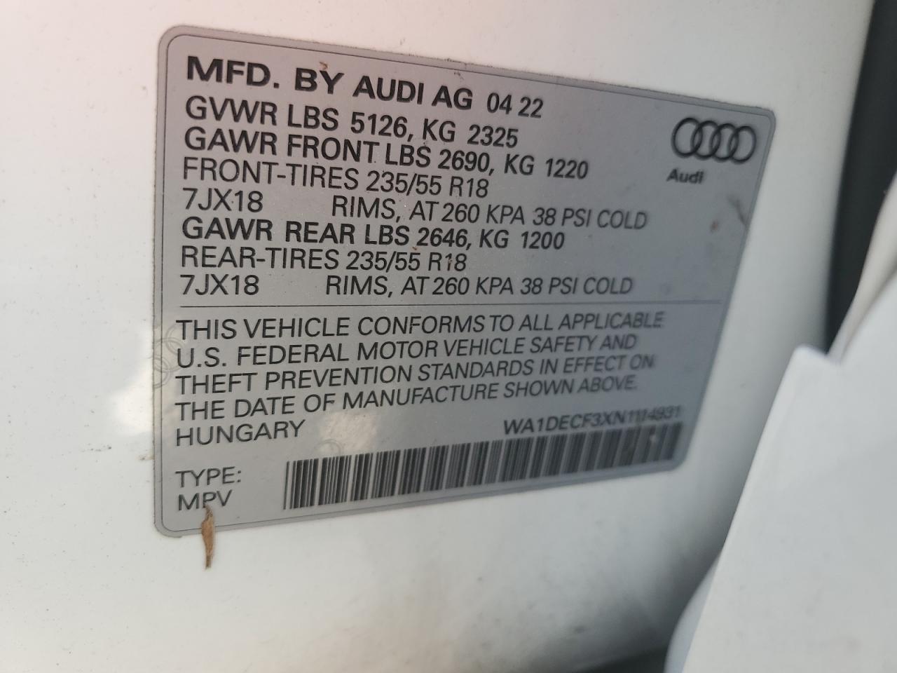 2022 Audi Q3 Premium S Line 45 VIN: WA1DECF3XN1114931 Lot: 76634744